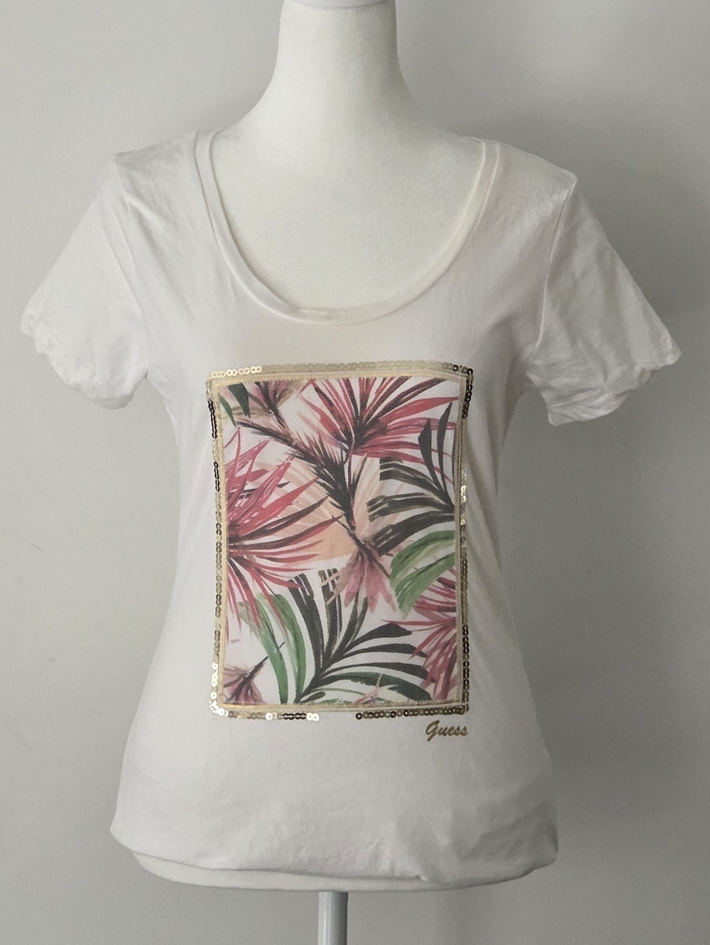 Guess White Scoop Tee with Pink & Green Tropical Print and Gold Sequin Trim